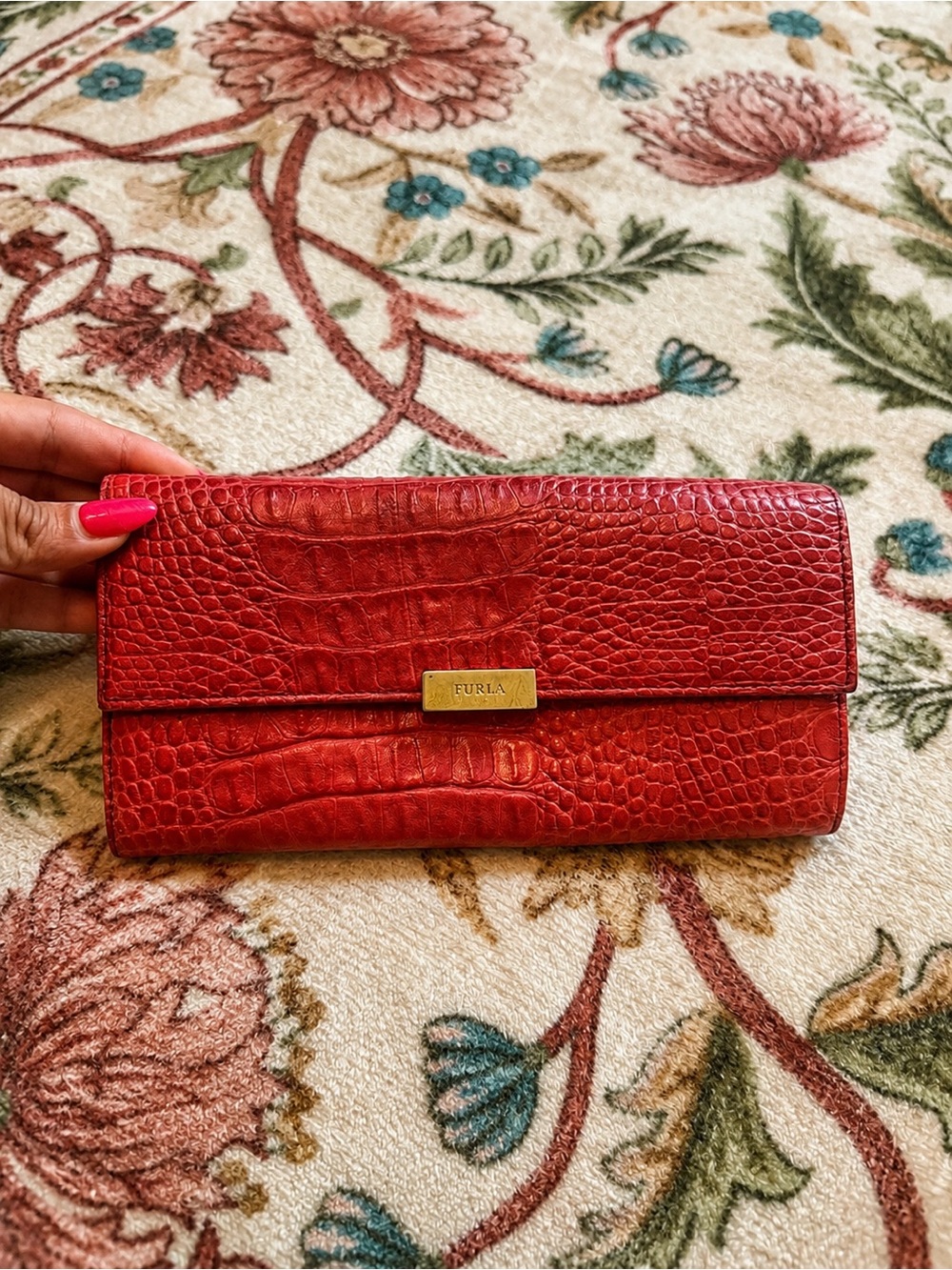 Furla Red Croc-Embossed Flap Wallet with Gold Logo Plate